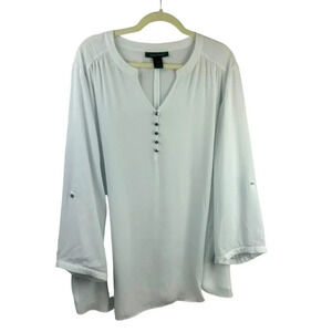 Ashley Stewart Blouse Shirt Women Plus 24W White Split Neck Roll Tab Sleeves